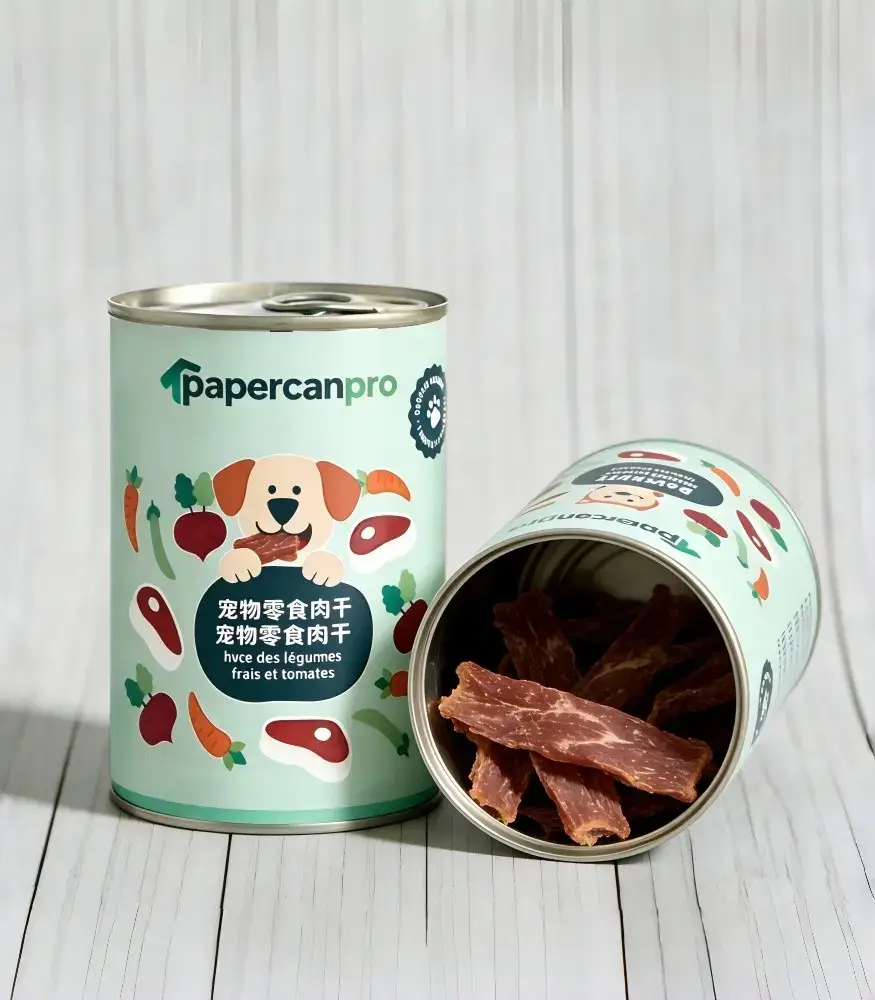 Eco-friendly-paper-can- -packaging-for-pet-snacks-1 Recyclable custom printable paper cans with airtight seal for small-batch pet treats EU market. - Image 1